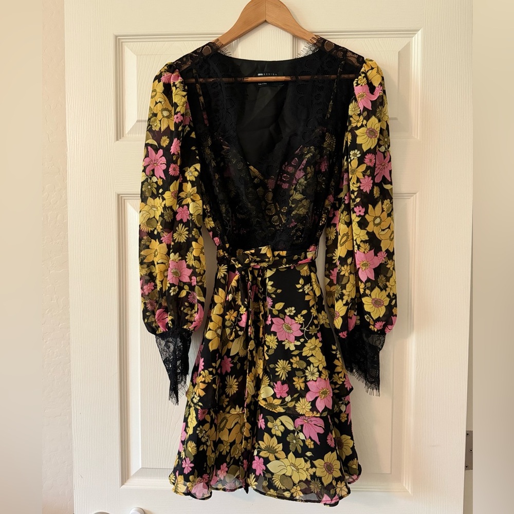 ASOS Design Soft Mini Skater Dress in Pink Floral Print w/ Eyelash Lace Sz 6 NWT - Picture 5 of 10